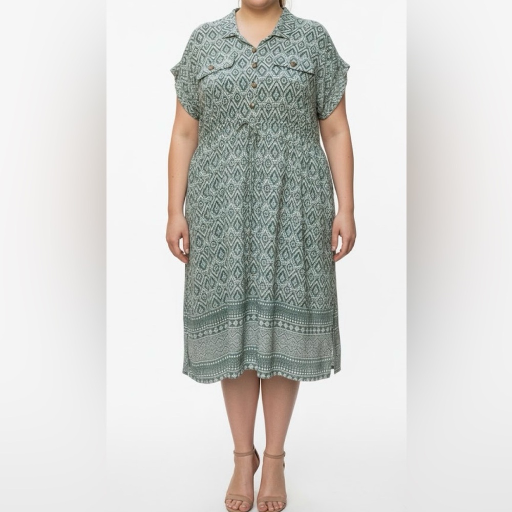 Lucky Brand geometric print relaxed fit dress drawstring waist button detail.